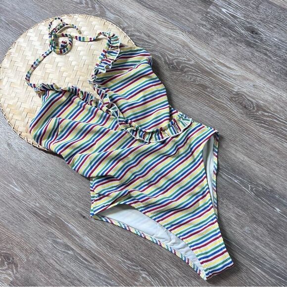 Anthropologie solid and striped rainbow Nadine one‎ piece swimsuit women’s S - Picture 2 of 5